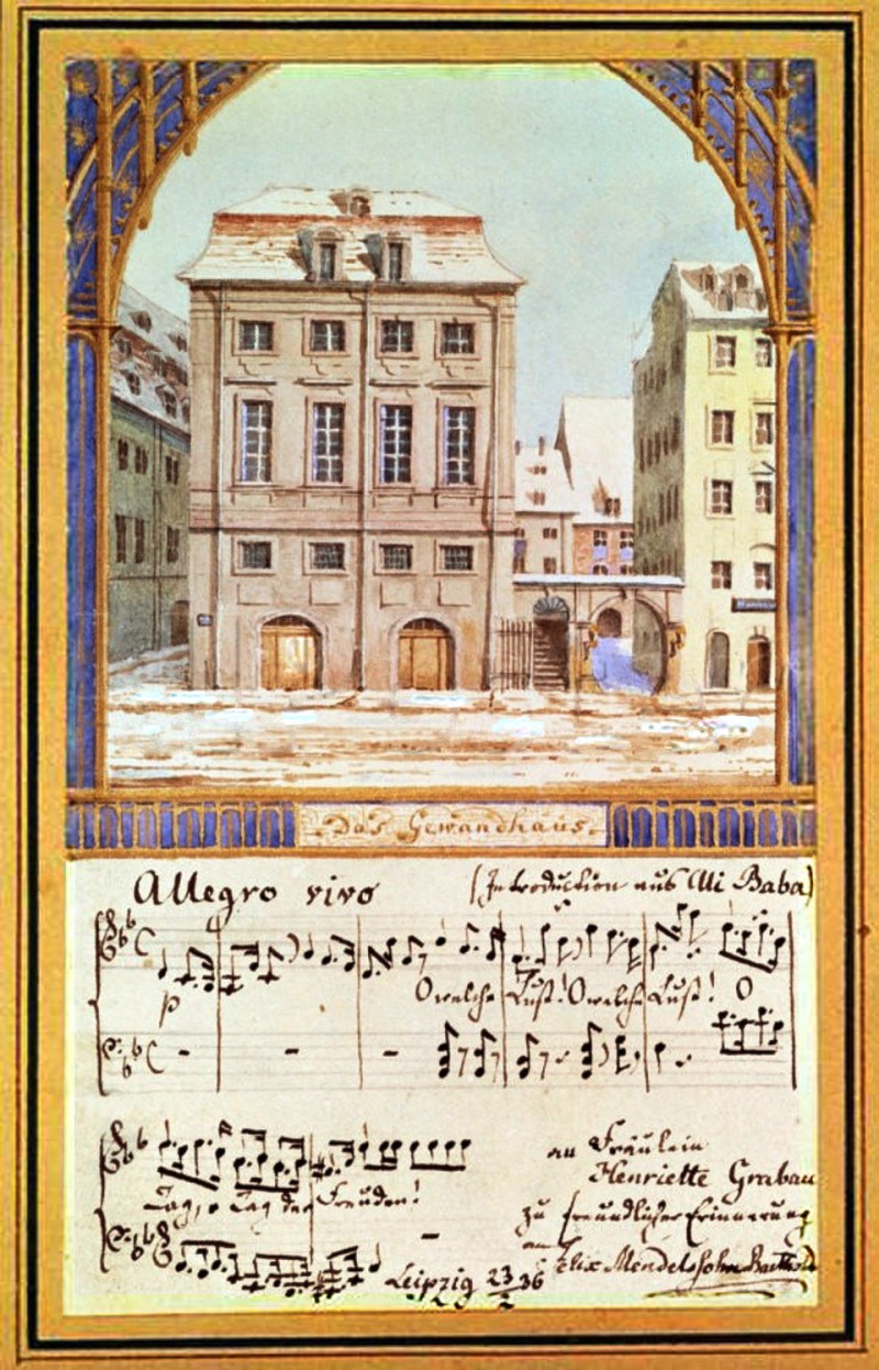 Leipzig’s first Gewandhaus Concert Hall (until 1884), along with sheet music from Luigi Cherubini’s opera “Ali Baba or the Forty Thieves,” which the newly appointed conductor performed at his premiere concert on October 4th, 1835.  Felix Mendelssohn Bartholdy, Das Alte Leipziger Gewandhaus, 1836, Library of Congress, Washington D.C.